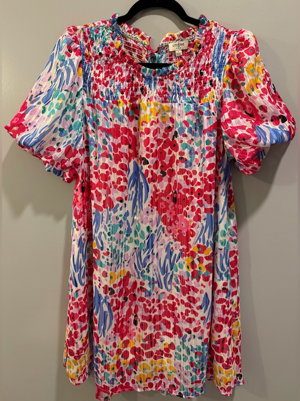 Umgee Patterned Puff Sleeve Shimmery Detail Ruffle Collar Colorful Dress L